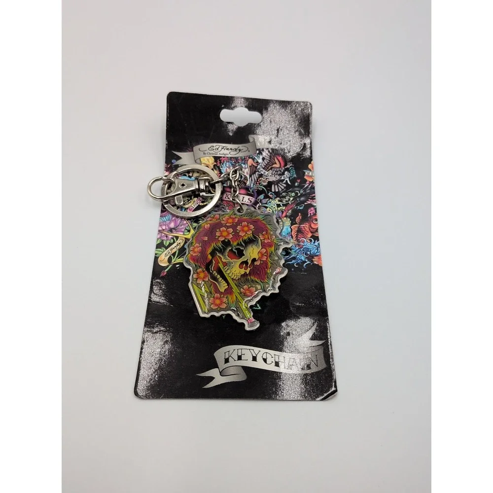 ed hardy by christian audigier Ghost Keychain New Skull Flower Design Y2k Vtg
